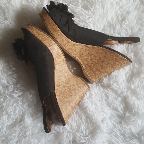 CL by Laundry Ilena Wedge Sandals Black Cork Open Toe Flower Top Shoes Size 7.5 - Picture 4 of 13